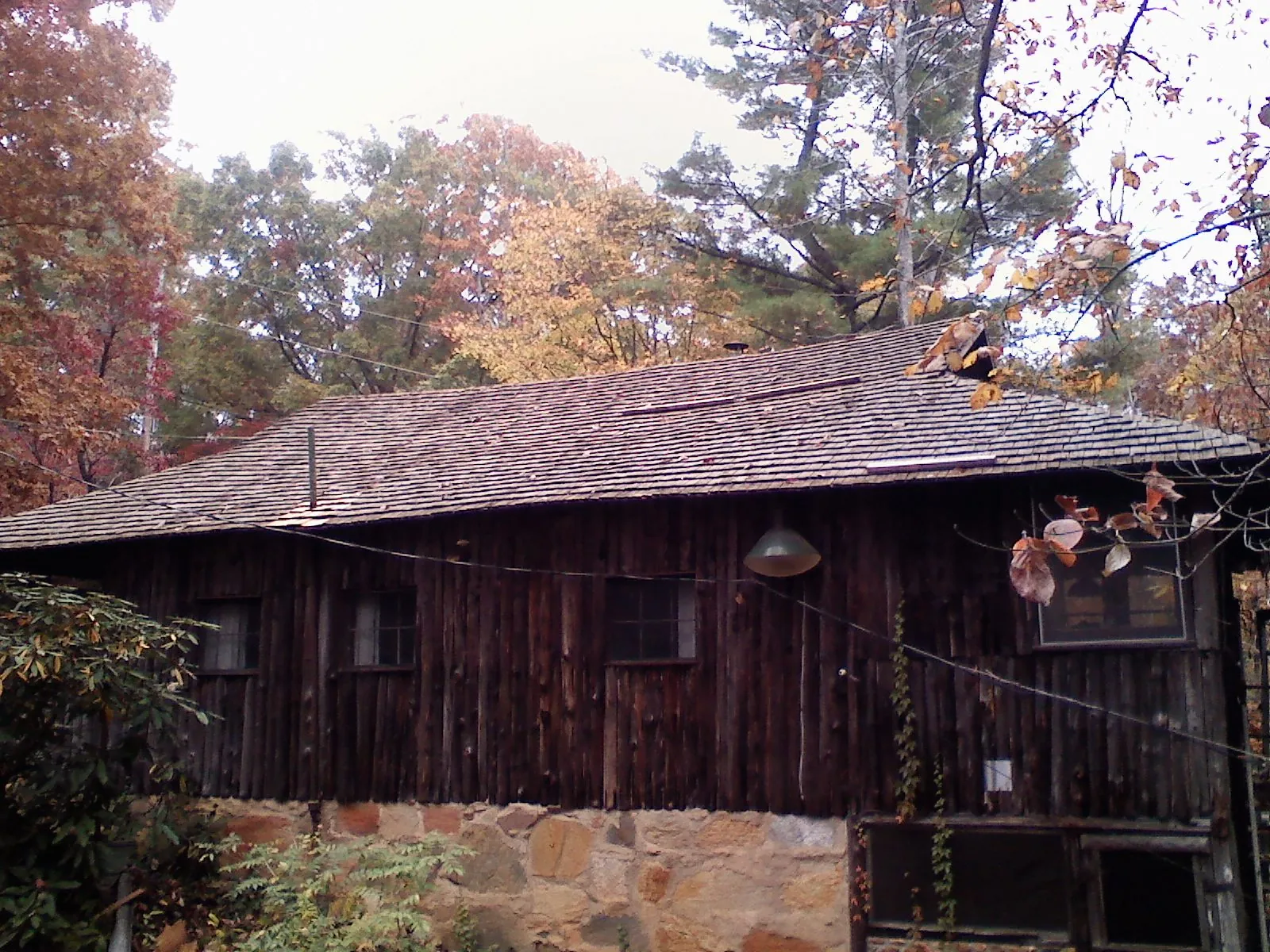 Weathered wood shake roof on a rustic board sided cabin in Drumore